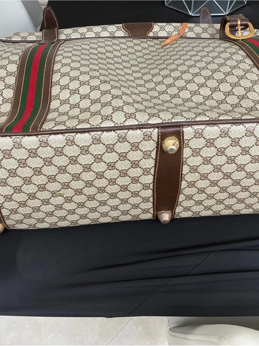 Gucci Beige GG Canvas Travel Bag with Brown Leather and Green-Red Web